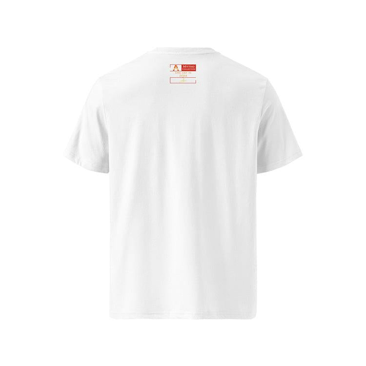 T-shirt unisexe blanc, vu de dos et portant l'étiquette de la collection "Mytho" aux couleurs piquantes