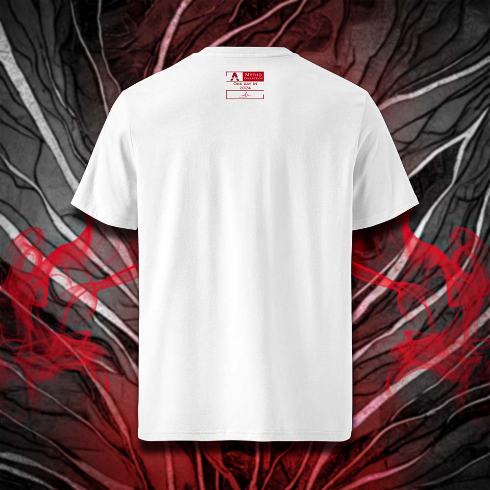 T-shirt unisexe blanc, vu de dos et portant l'étiquette de la collection "Mytho" coloré en rouge écarlate