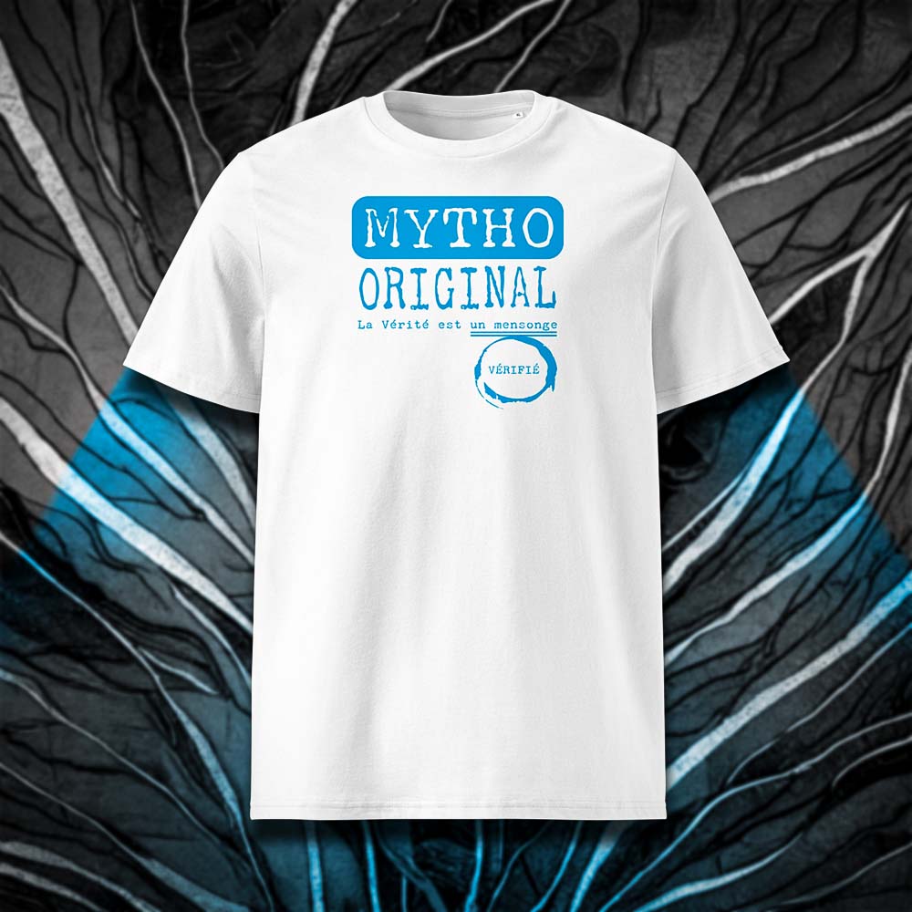 T-shirt unisexe blanc, vu de face et portant le design "Mytho Original" coloré en cyan