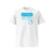 T-shirt unisexe blanc, vu de face et portant le design "Mytho Original" coloré en cyan