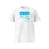 T-shirt unisexe blanc, vu de face et portant le design "Mytho Original" coloré en cyan