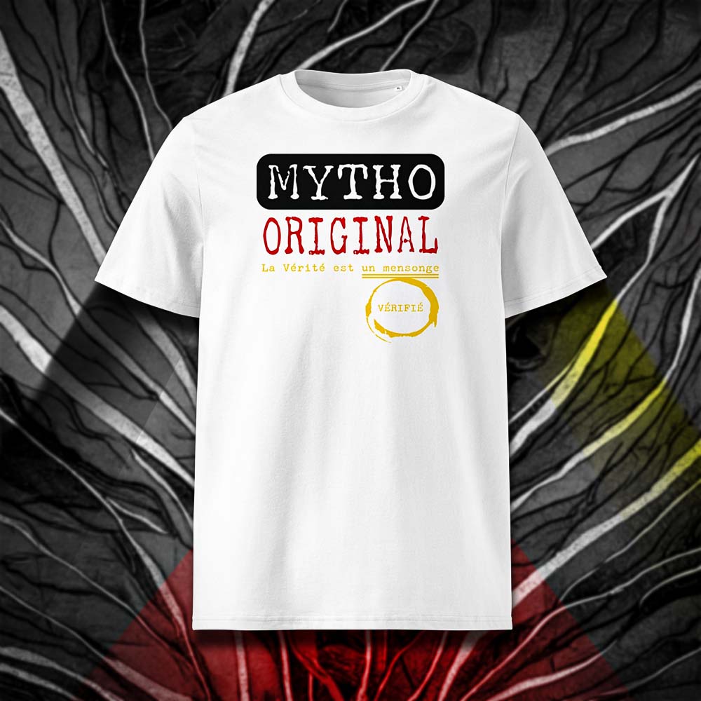  T-shirt unisexe blanc, vu de face et portant le design "Mytho Original" aux couleurs de l'Allemagne