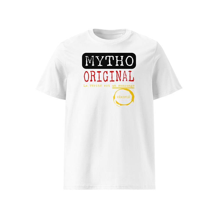  T-shirt unisexe blanc, vu de face et portant le design "Mytho Original" aux couleurs de l'Allemagne