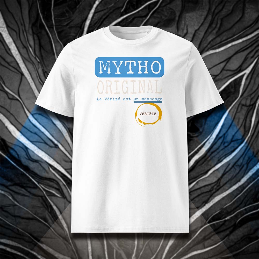 T-shirt unisexe blanc, vu de face et portant le design "Mytho Original" aux couleurs de l'Argentine