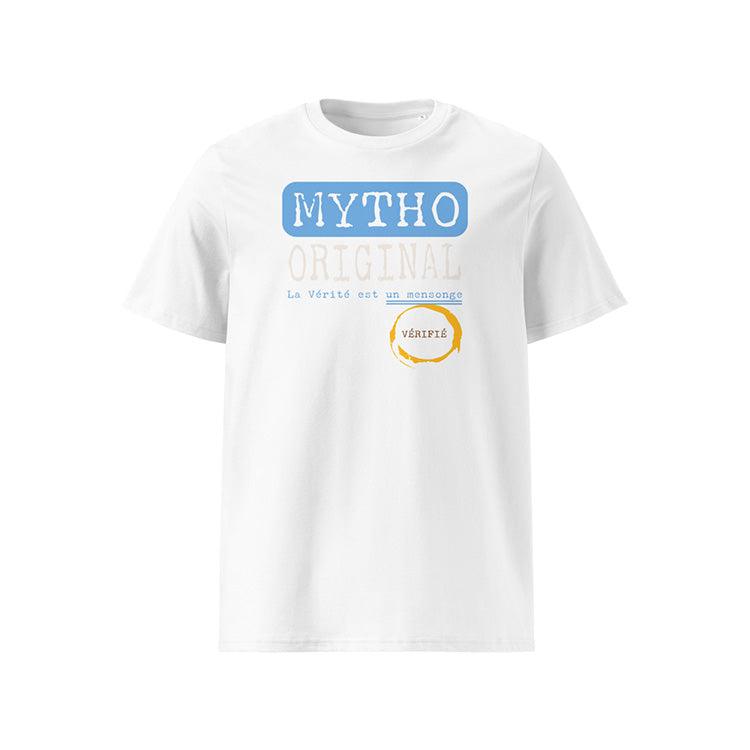 T-shirt unisexe blanc, vu de face et portant le design "Mytho Original" aux couleurs de l'Argentine