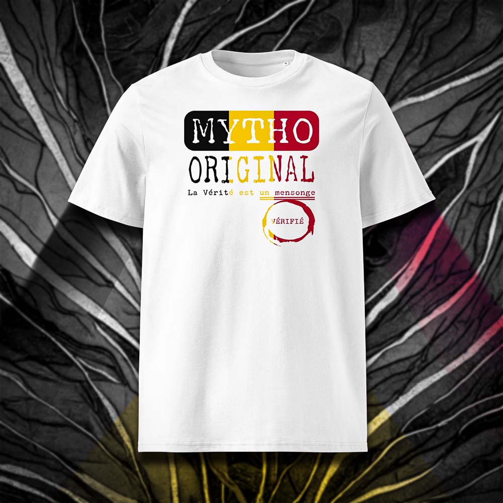 T-shirt unisexe blanc, vu de face et portant le design "Mytho Original" aux couleurs de la Belgique