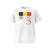 T-shirt unisexe blanc, vu de face et portant le design "Mytho Original" aux couleurs de la Belgique