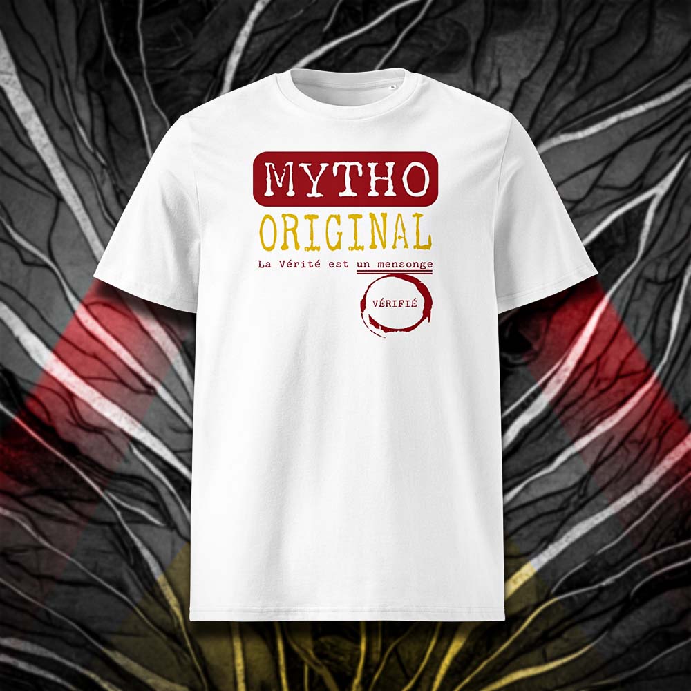 T-shirt unisexe blanc, vu de face et portant le design "Mytho Original" aux couleurs de l'Espagne