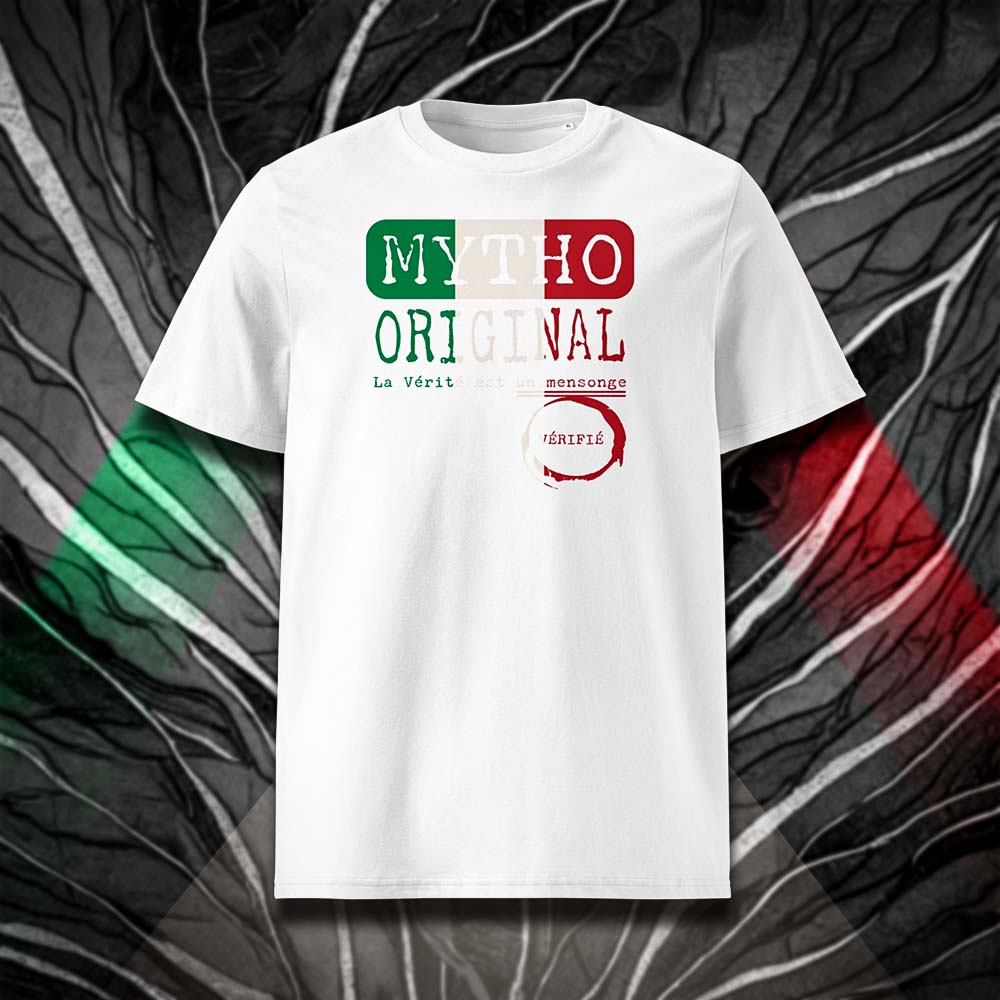 T-shirt unisexe blanc, vu de face et portant le design "Mytho Original" aux couleurs de l'Italie