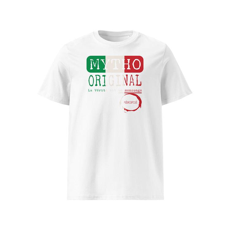 T-shirt unisexe blanc, vu de face et portant le design "Mytho Original" aux couleurs de l'Italie