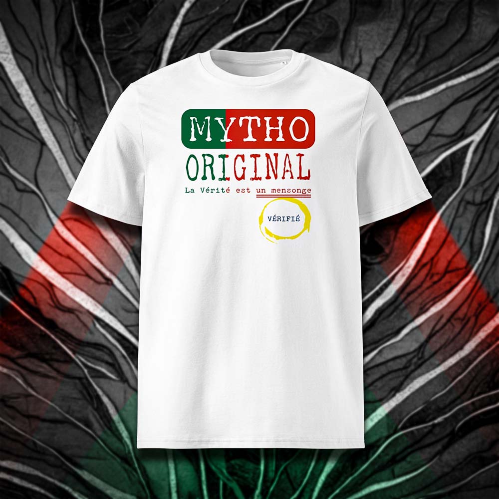 T-shirt unisexe blanc, vu de face et portant le design "Mytho Original" aux couleurs du Portugal