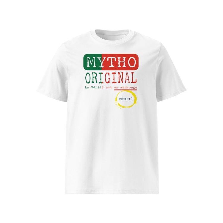 T-shirt unisexe blanc, vu de face et portant le design "Mytho Original" aux couleurs du Portugal