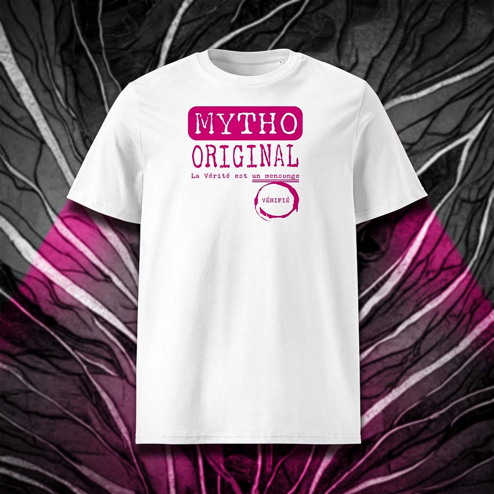 T-shirt unisexe blanc, vu de face et portant le design "Mytho Original" coloré en magenta