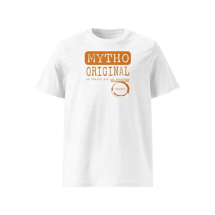 T-shirt unisexe blanc, vu de face et portant le design "Mytho Original" coloré en mandarine