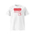 T-shirt unisexe blanc, vu de face et portant le design "Mytho Original" coloré en rouge écarlate