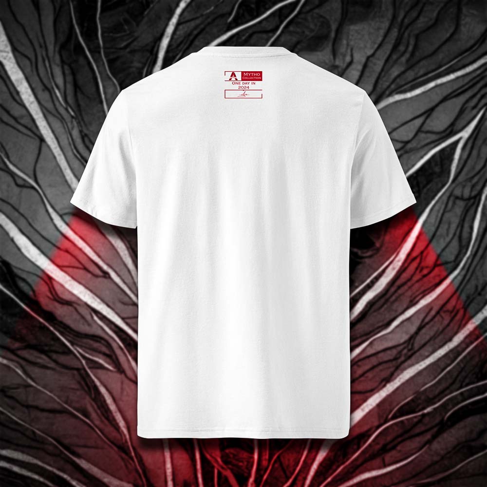 T-shirt unisexe blanc, vu de dos et portant l'étiquette de la collection "Mytho" coloré en rouge écarlate