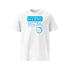 T-shirt unisexe blanc, vu de face et portant le design "Mytho Original" en version anglaise et coloré en cyan