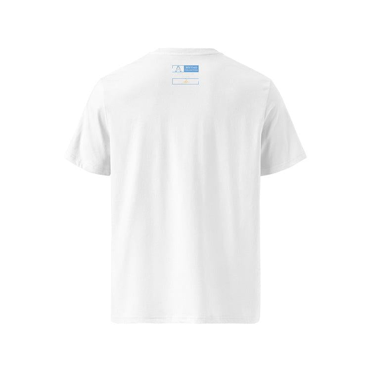 T-shirt unisexe blanc, vu de dos et portant l'étiquette de la collection "Mytho" aux couleurs de l'Argentine