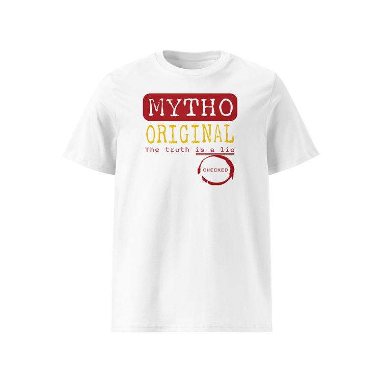 T-shirt unisexe blanc, vu de face et portant le design "Mytho Original" en version anglaise et aux couleurs de l'Espagne