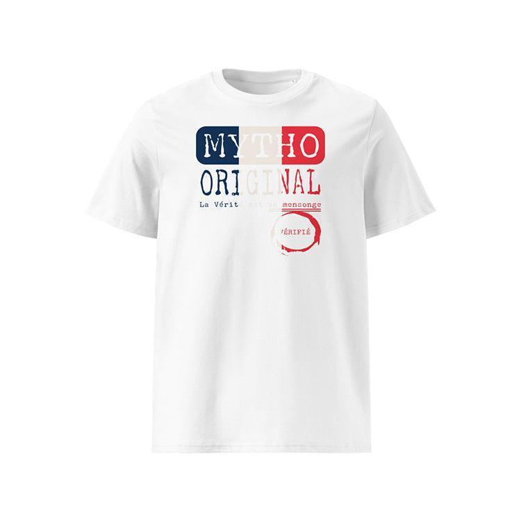 T-shirt unisexe blanc, vu de face et portant le design "Mytho Original" en version anglaise et aux couleurs de la France