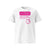 T-shirt unisexe blanc, vu de face et portant le design "Mytho Original" en version anglaise et coloré en magenta