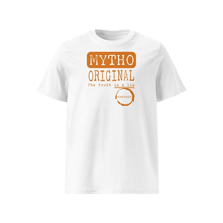 T-shirt unisexe blanc, vu de face et portant le design "Mytho Original" en version anglaise et coloré en mandarine