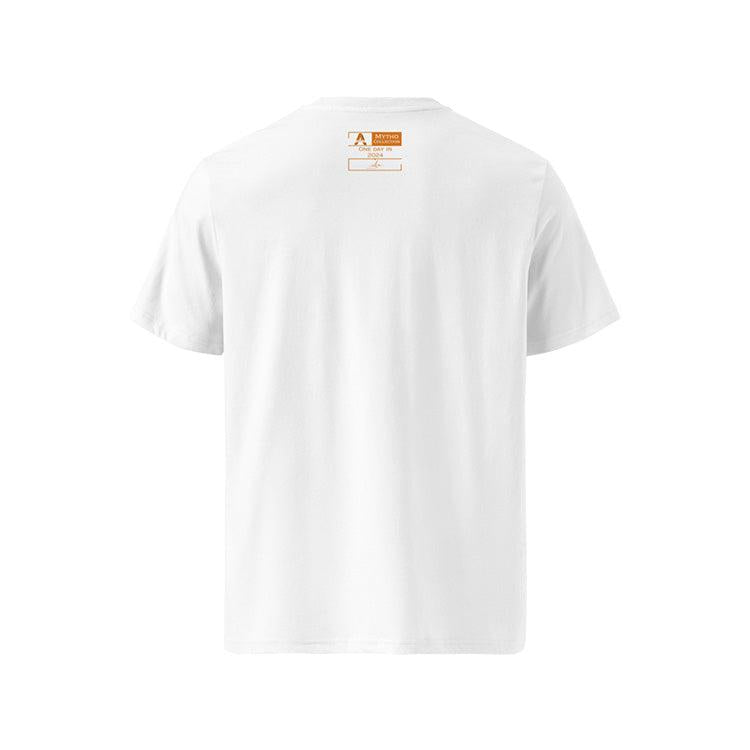 T-shirt unisexe blanc, vu de dos et portant l'étiquette de la collection "Mytho" coloré en mandarine