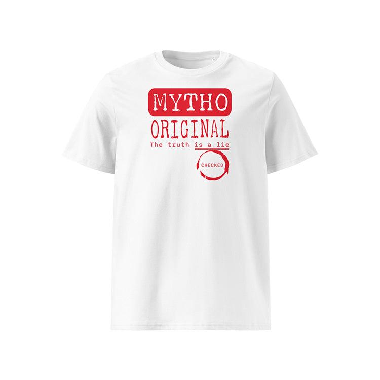 T-shirt unisexe blanc, vu de face et portant le design "Mytho Original" en version anglaise et coloré en rouge écarlate