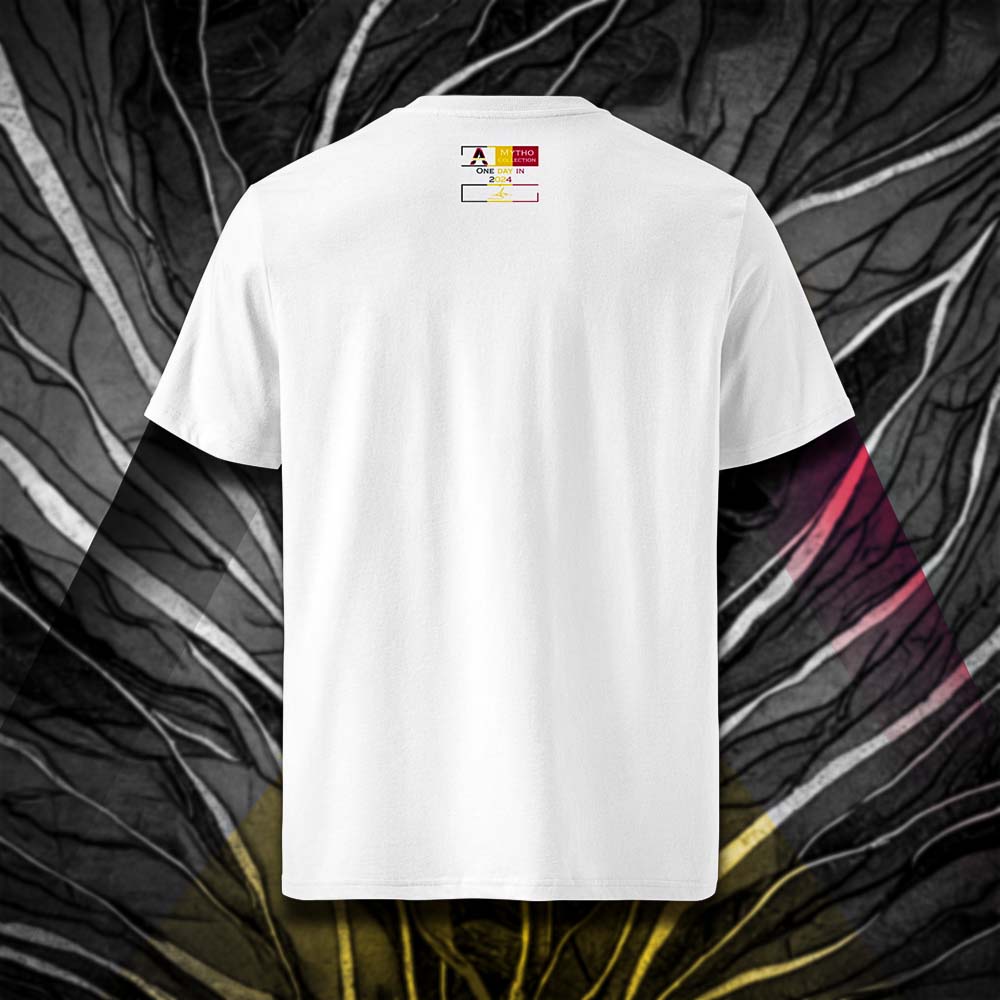 T-shirt unisexe blanc, vu de dos et portant l'étiquette de la collection "Mytho" aux couleurs de la Belgique