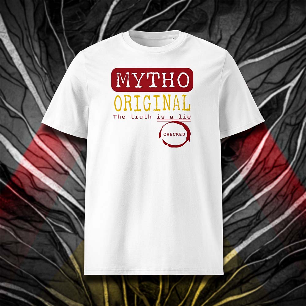 T-shirt unisexe blanc, vu de face et portant le design "Mytho Original" en version anglaise et aux couleurs de l'Espagne