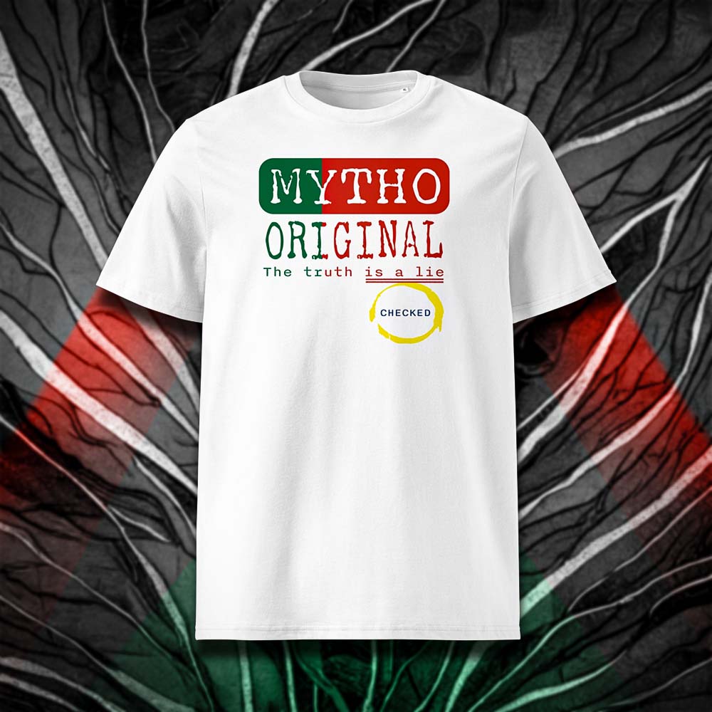 T-shirt unisexe blanc, vu de face et portant le design "Mytho Original" en version anglaise et aux couleurs du Portugal