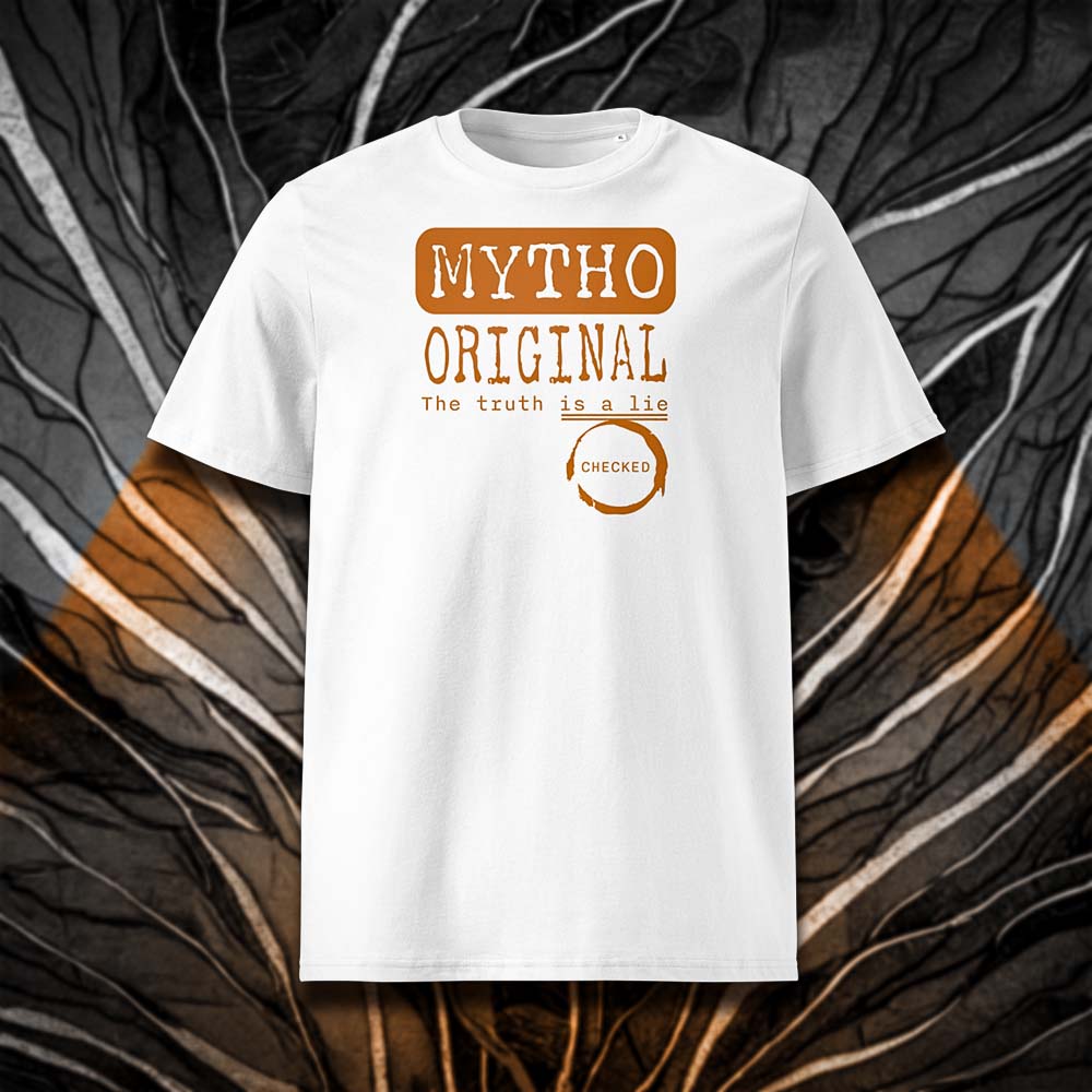 T-shirt unisexe blanc, vu de face et portant le design "Mytho Original" en version anglaise et coloré en mandarine