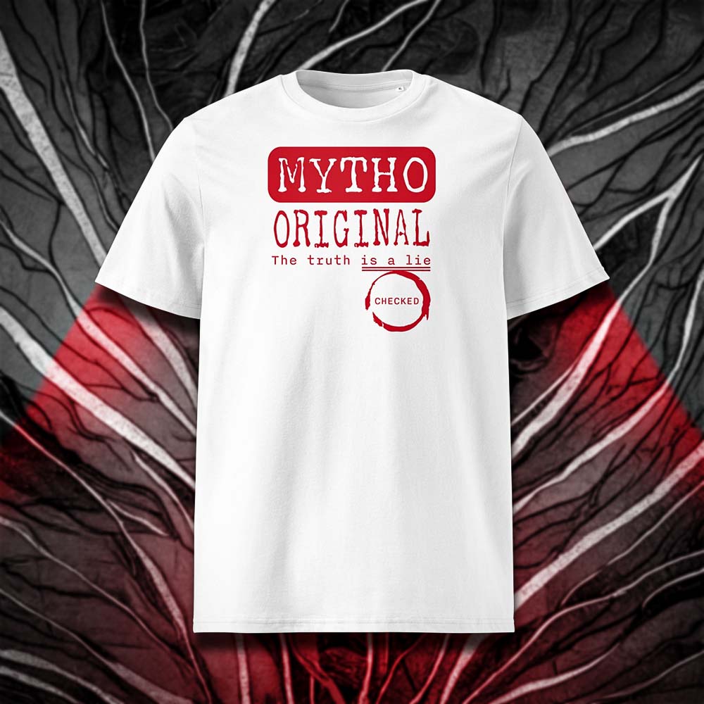 T-shirt unisexe blanc, vu de face et portant le design "Mytho Original" en version anglaise et coloré en rouge écarlate