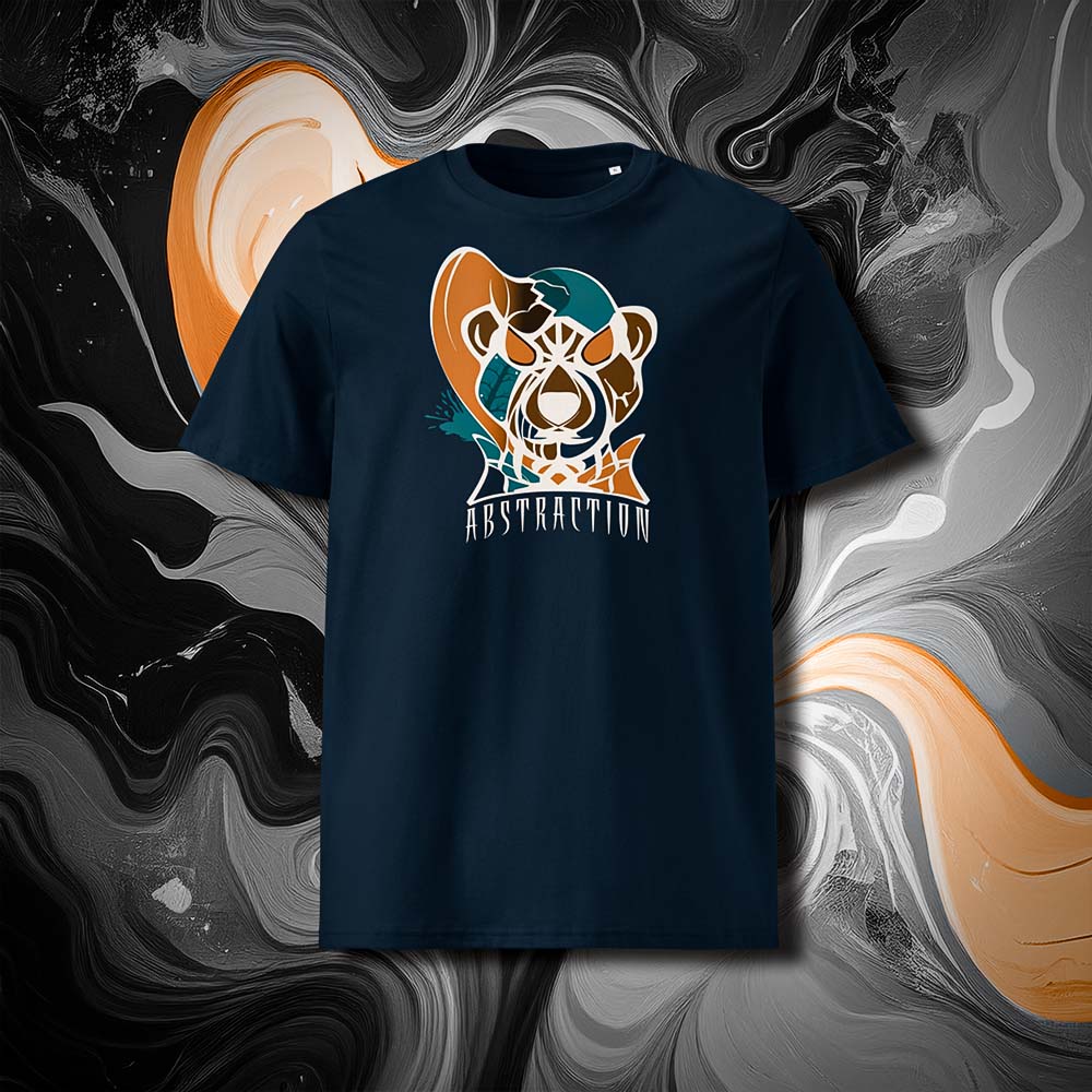 T-shirt unisexe french navy, vu de face et portant le design "Abstraction 3" coloré en blanc craie et mandarine