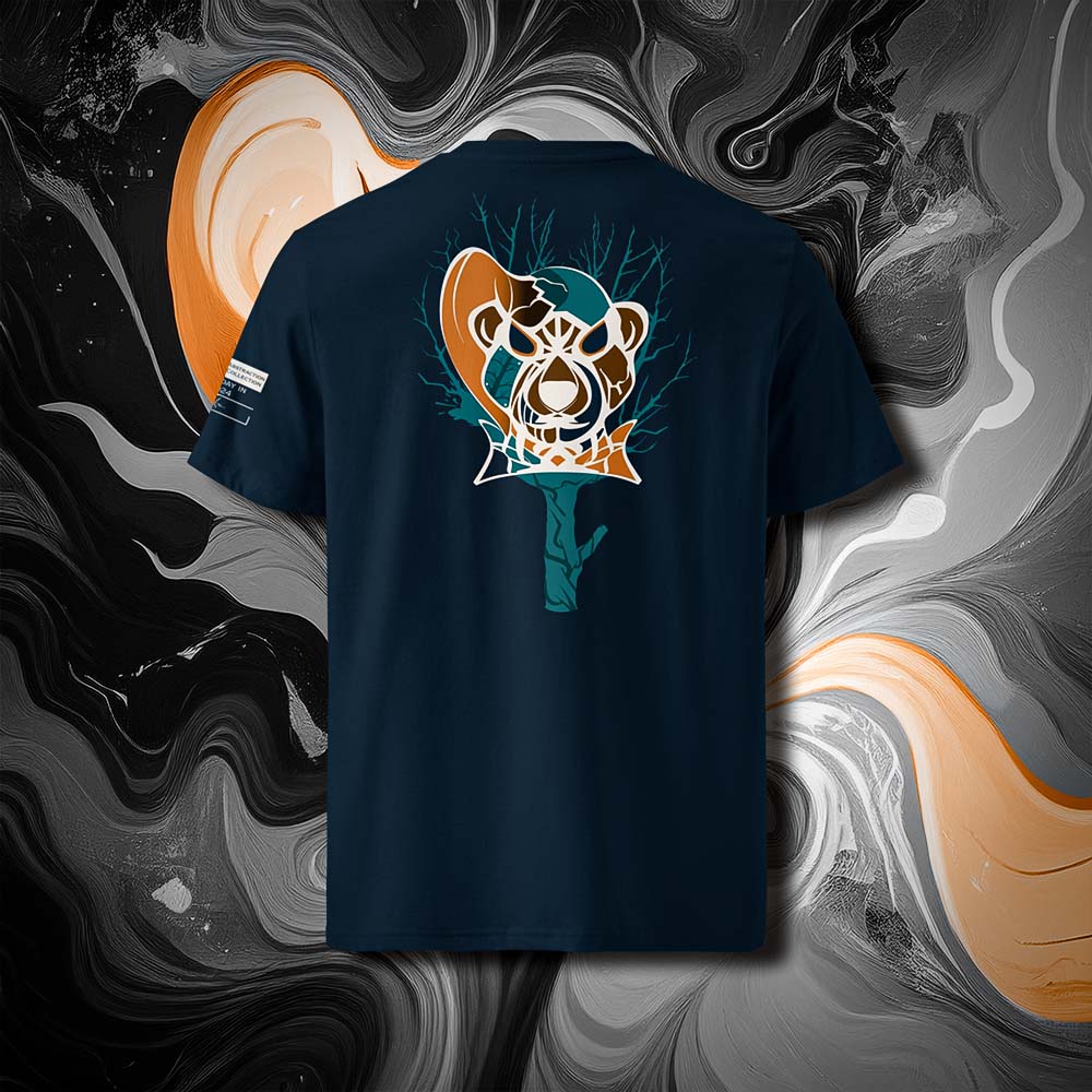 T-shirt unisexe french navy, vu de dos et portant le design "Abstraction 3" coloré en blanc craie et mandarine