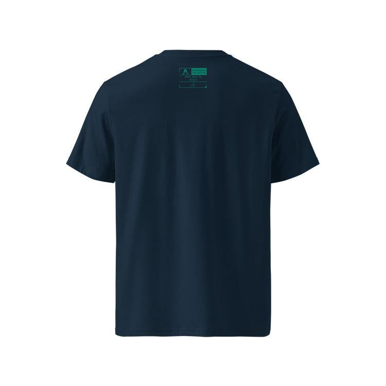 T-shirt unisexe french navy, vu de dos et portant l'étiquette de la collection "Ignorance" coloré en vert émeraude