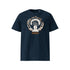 T-shirt unisexe french navy, vu de face et portant le design "Ignorance" coloré en blanc craie et mandarine