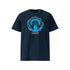 T-shirt unisexe french navy, vu de face et portant le design "Ignorance" coloré en cyan