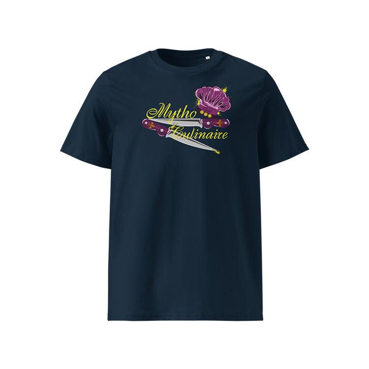 T-shirt unisexe french navy, vu de face et portant le design "Mytho Culinaire" aux couleurs aubergines