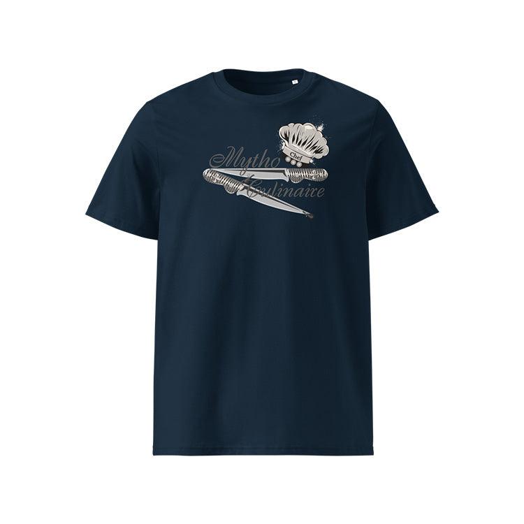 T-shirt unisexe french navy, vu de face et portant le design "Mytho Culinaire" coloré en blanc craie