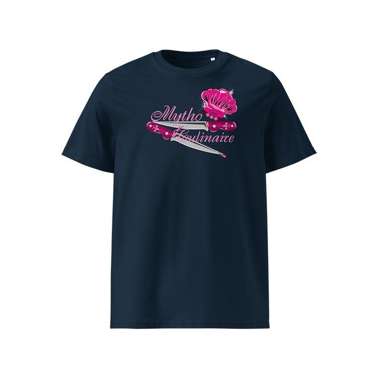 T-shirt unisexe french navy, vu de face et portant le design "Mytho Culinaire" coloré en magenta