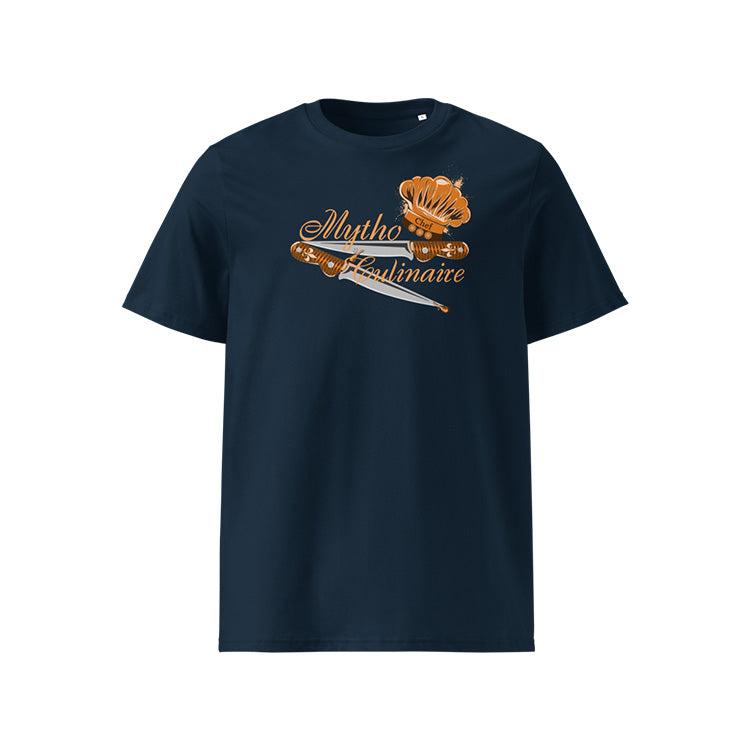 T-shirt unisexe french navy, vu de face et portant le design "Mytho Culinaire" coloré en mandarine