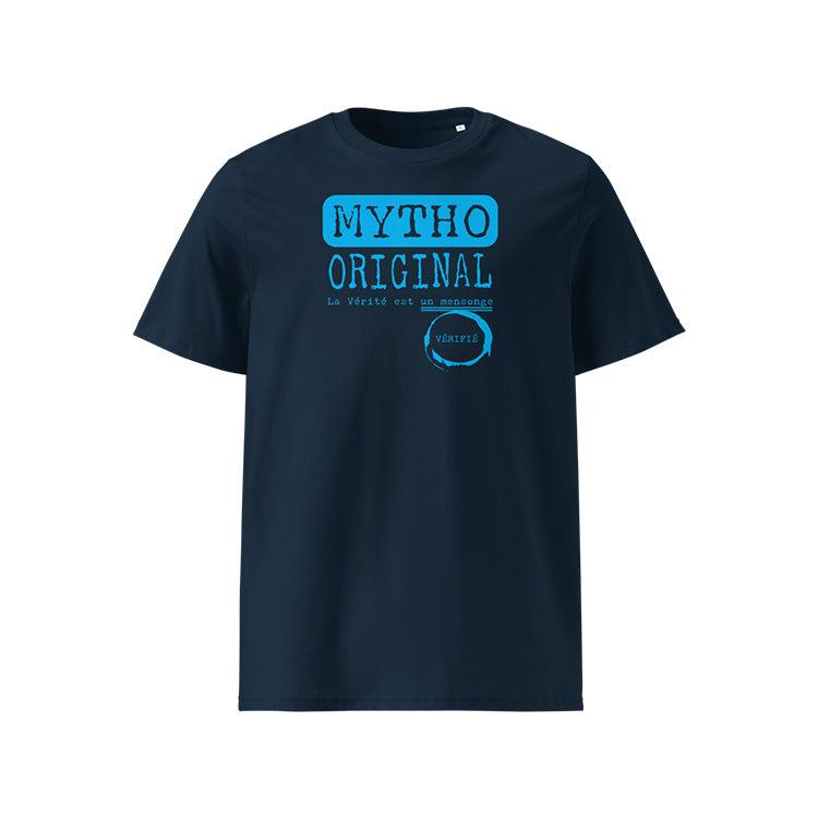 T-shirt unisexe french navy, vu de face et portant le design "Mytho Original" coloré en cyan