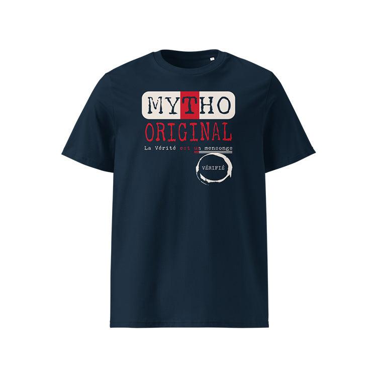 T-shirt unisexe french navy, vu de face et portant le design "Mytho Original" aux couleurs de l'Angleterre