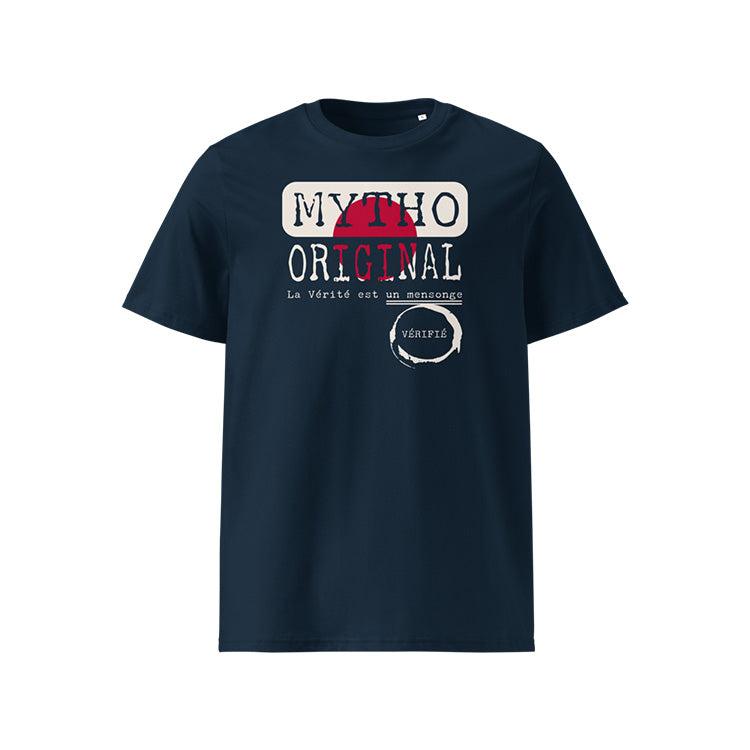 T-shirt unisexe french navy, vu de face et portant le design "Mytho Original" aux couleurs du Japon