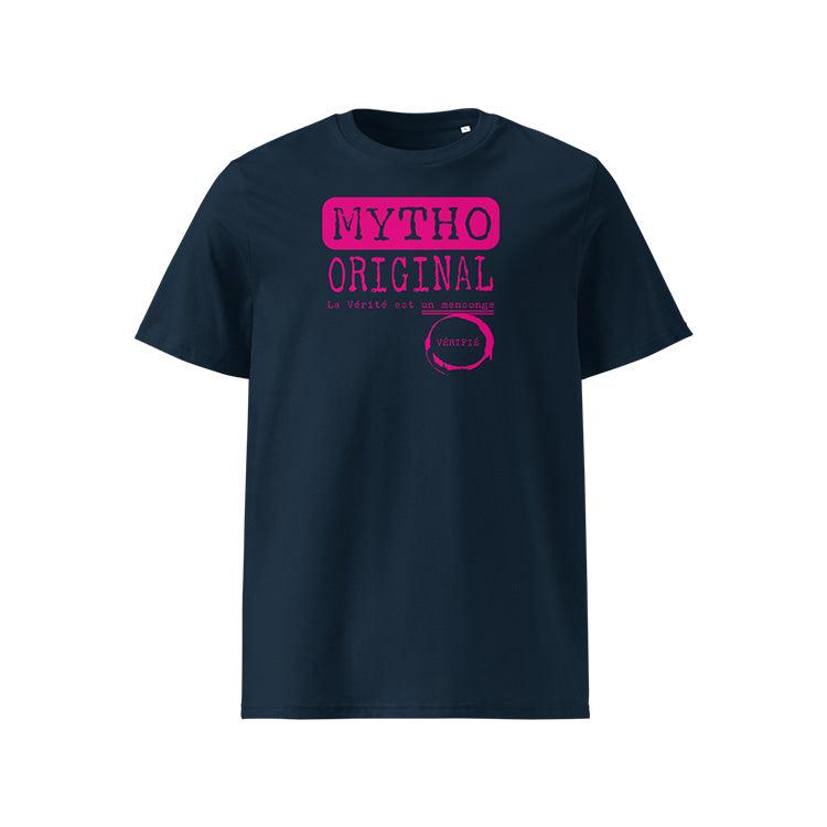 T-shirt unisexe french navy, vu de face et portant le design "Mytho Original" coloré en magenta