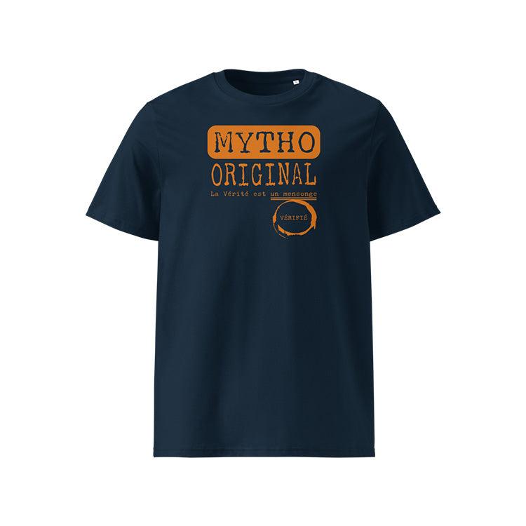 T-shirt unisexe french navy, vu de face et portant le design "Mytho Original" coloré en mandarine