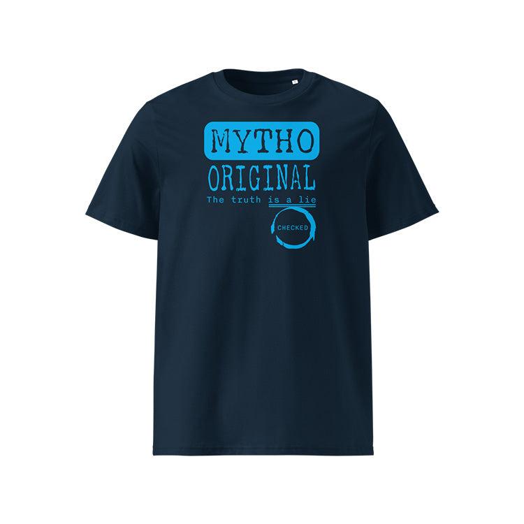 T-shirt unisexe french navy, vu de face et portant le design "Mytho Original" en version anglaise et coloré en cyan