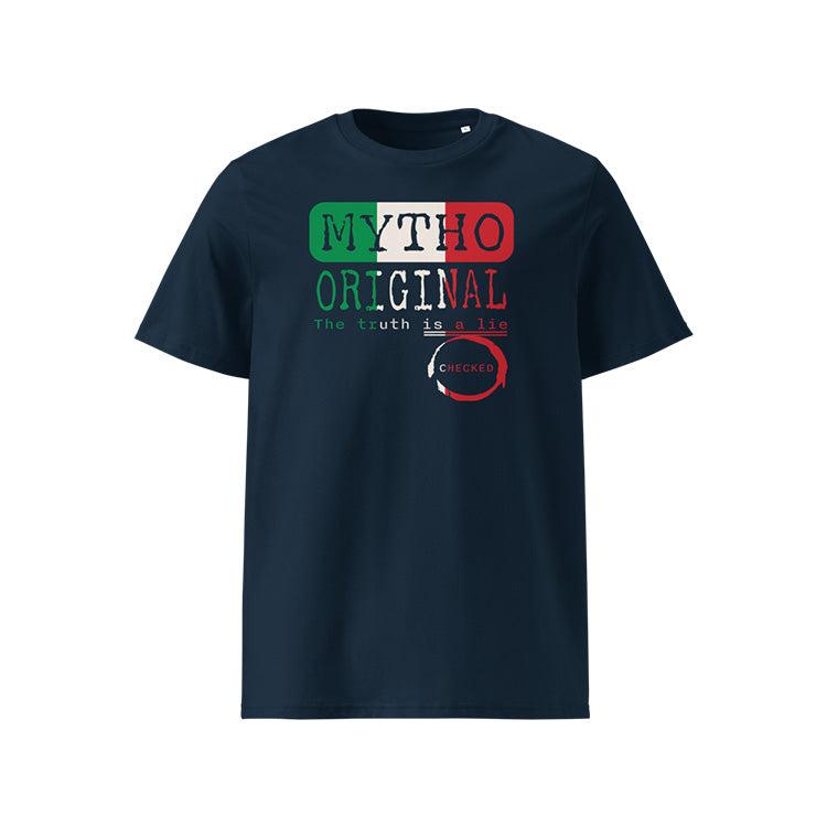 T-shirt unisexe french navy, vu de face et portant le design "Mytho Original" en version anglaise et aux couleurs de l'Italie