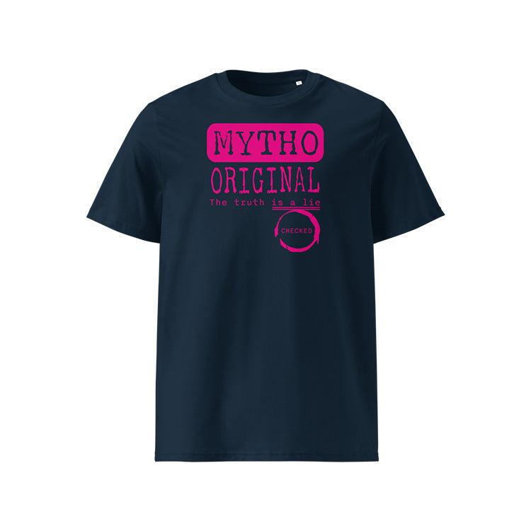 T-shirt unisexe french navy, vu de face et portant le design "Mytho Original" en version anglaise et coloré en magenta